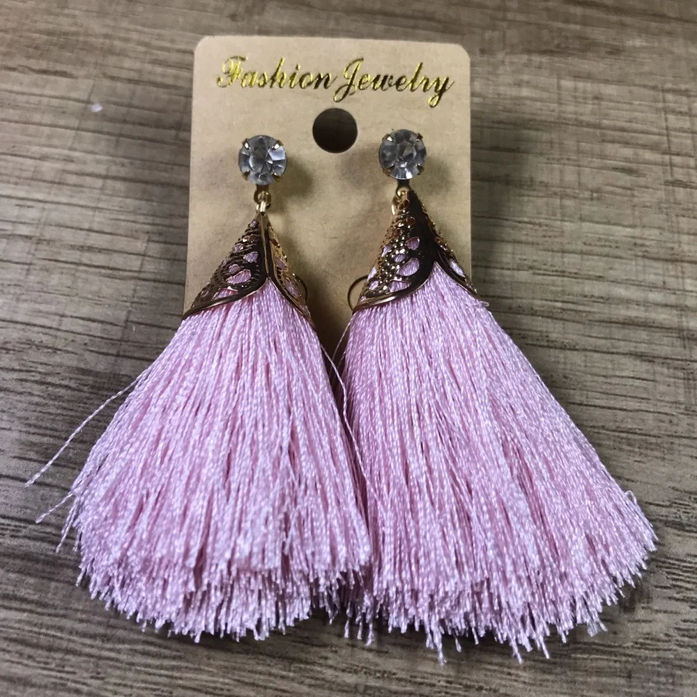 Pink Gold Boho Rhinestone Cone Shaped Metallic Tassel Statement  Earrings - Picture 2 of 4